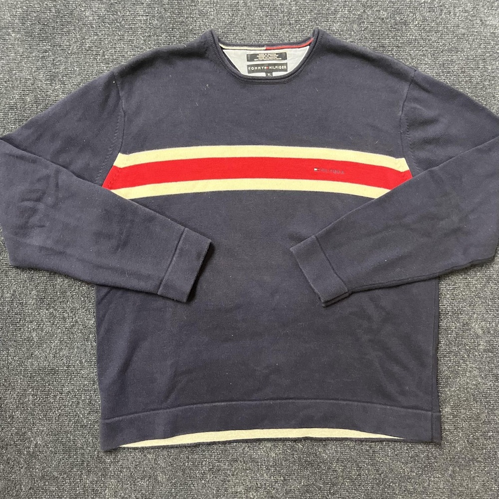 Tommy Hilfiger Sweater‎ Mens XL Navy Chest Stripe Crewneck Cotton Knit Pullover